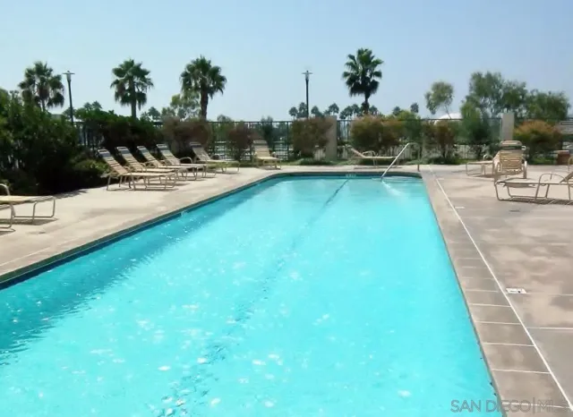 a view of a swimming pool with a bench and trees in the background