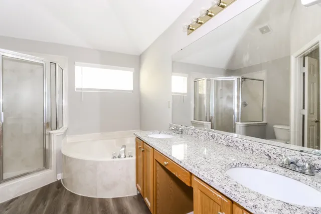 a bathroom with a granite countertop tub sink and mirror
