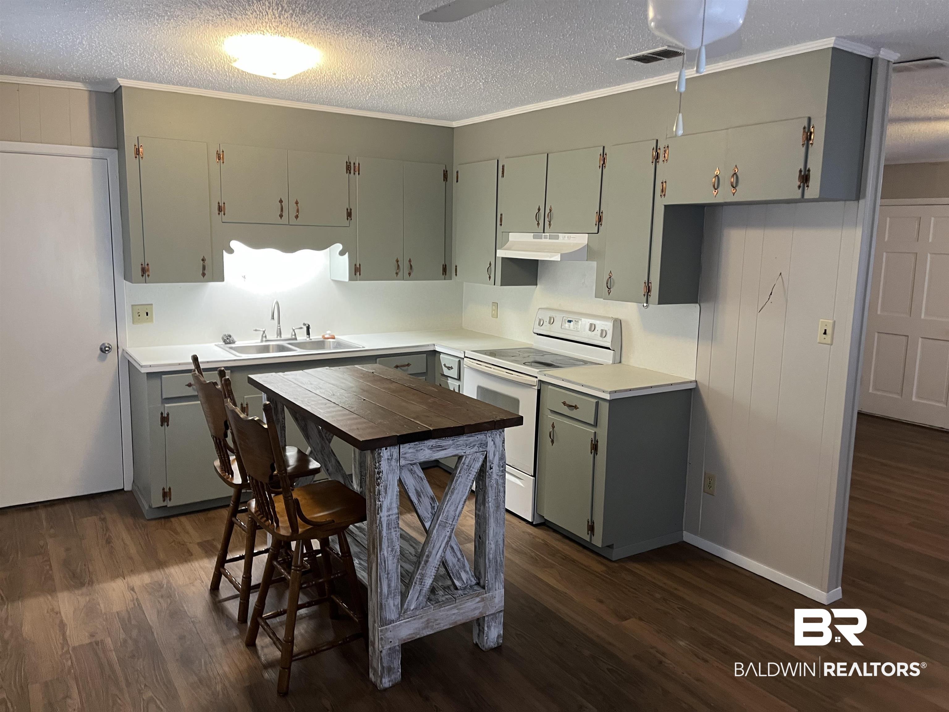 103 Roadway Street Brewton, AL 36426 - Photo 7 of 13 Kitchen featuring white range with electric cooktop, ornamental molding, sink, and dark wood-type flooring