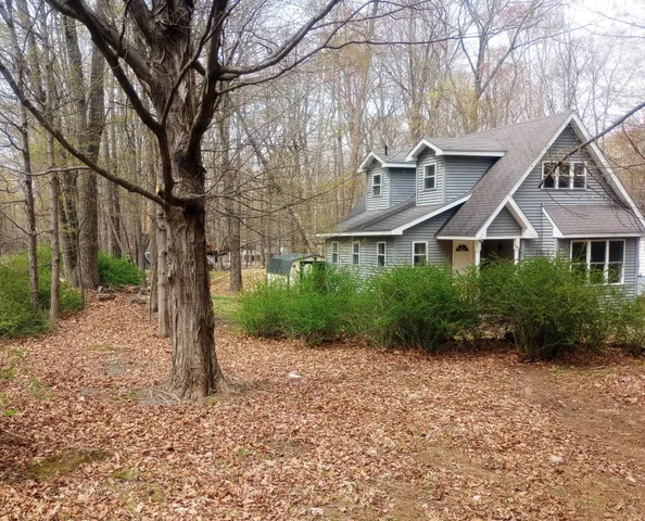 a front view of a house with a yard and trees
