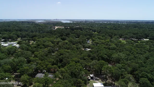 an aerial view of residential houses with outdoor space and trees