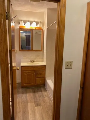 a bathroom with a sink and a mirror