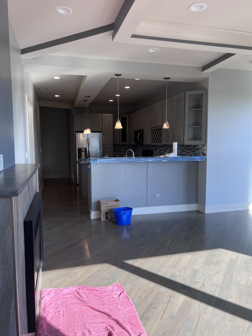 1208 East 64th Street, Unit 2B Chicago, IL 60637 - Photo 6 of 19 a living room with stainless steel appliances kitchen island granite countertop furniture and a fireplace