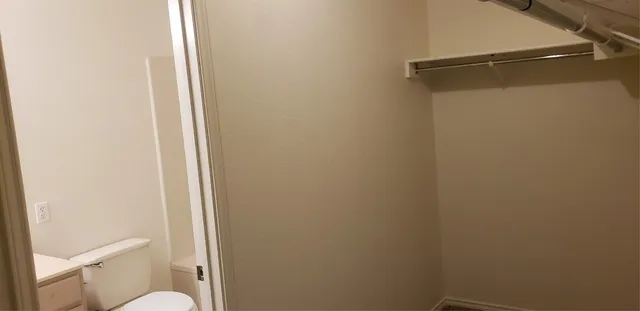 a bathroom with a shower and a toilet