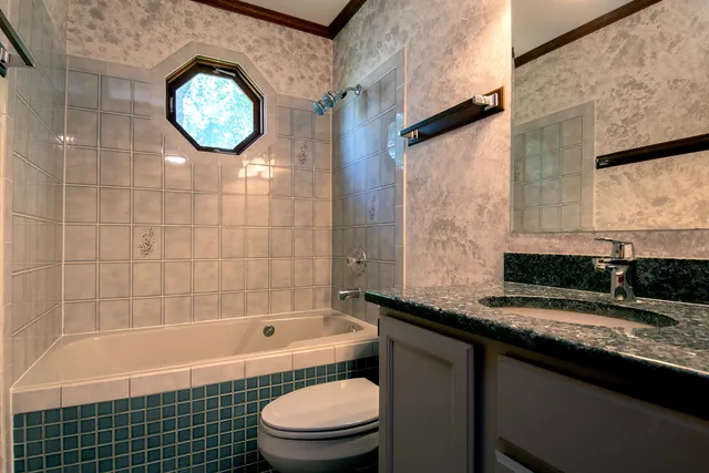 a bathroom with a granite countertop sink a toilet and bathtub