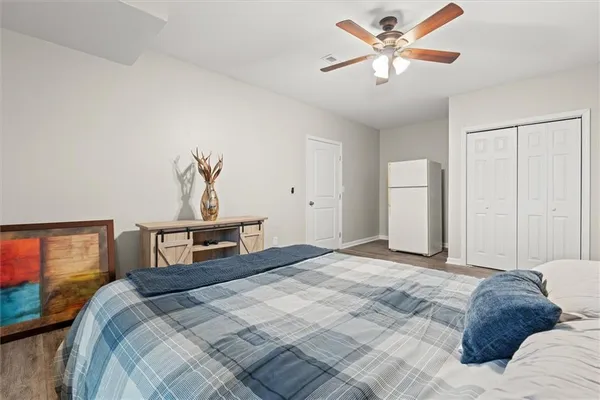a view of a livingroom with wooden floor