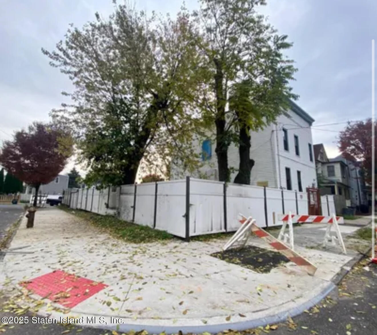a view of a backyard with a tree