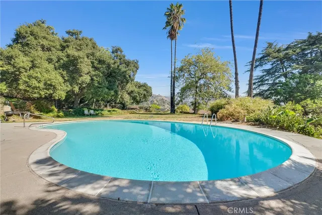 a view of a swimming pool in the backyard