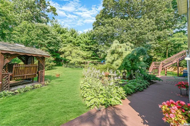 a view of a garden with a bench