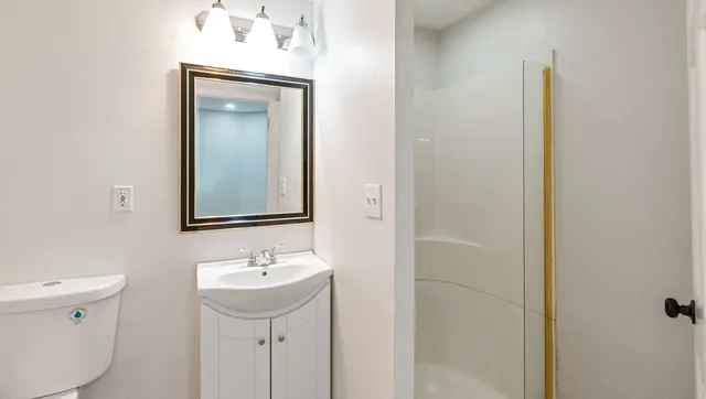 a bathroom with a sink a toilet and mirror
