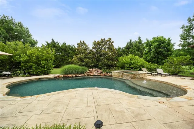 a view of swimming pool and trees in the background