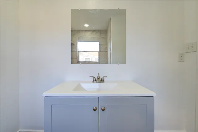 a bathroom with a sink and a mirror