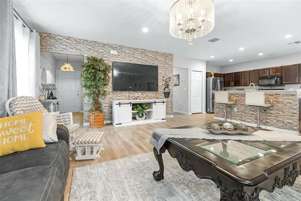 a view of a dining room with furniture