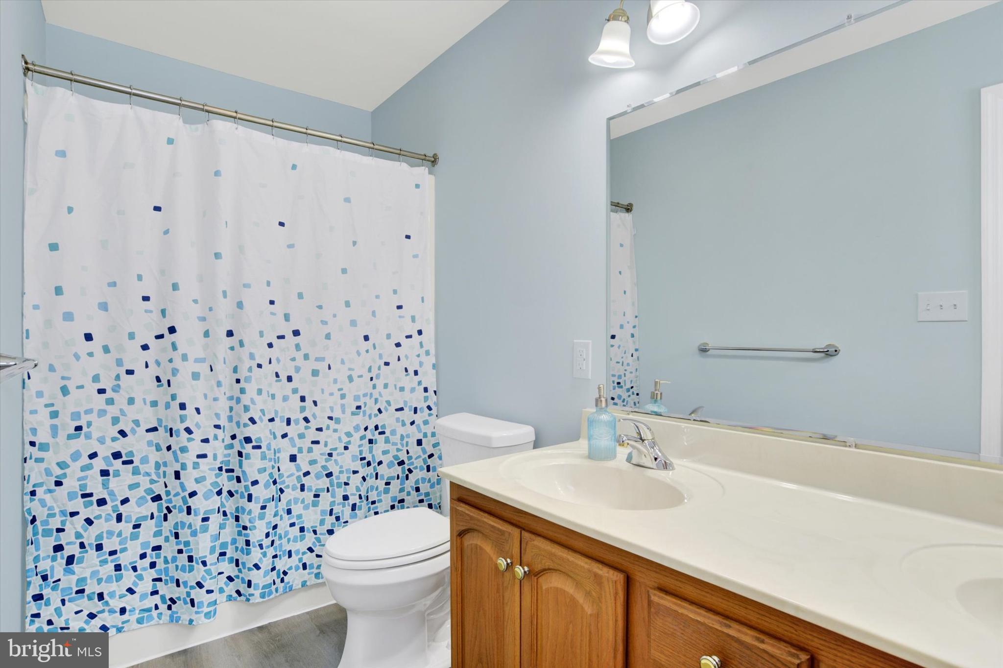 1041 Memory Lane Harrisburg, PA 17111 - Photo 17 of 31 a bathroom with a sink a toilet a mirror and shower curtain