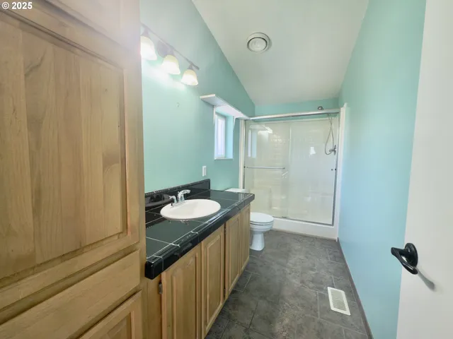 a bathroom with a double vanity sink toilet and shower