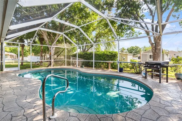 a view of a swimming pool with a garden and plants