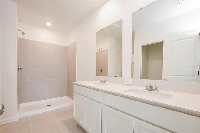 a bathroom with a shower tub double vanity sink and mirror