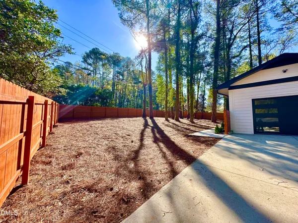 a view of a backyard with a large tree