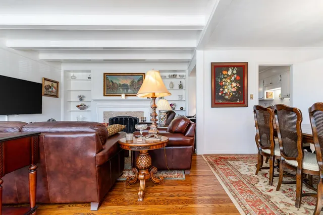 a living room with furniture a rug and a fireplace