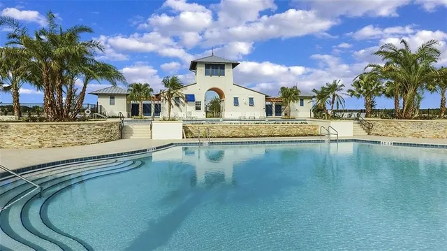 a view of a house with pool and lake view