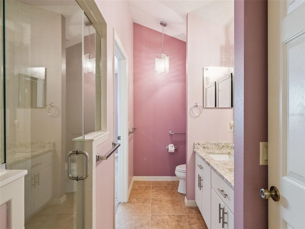 20642 Prince Ranier Place Leesburg, FL 34748 - Photo 15 of 59 a bathroom with a granite countertop shower a sink and a mirror