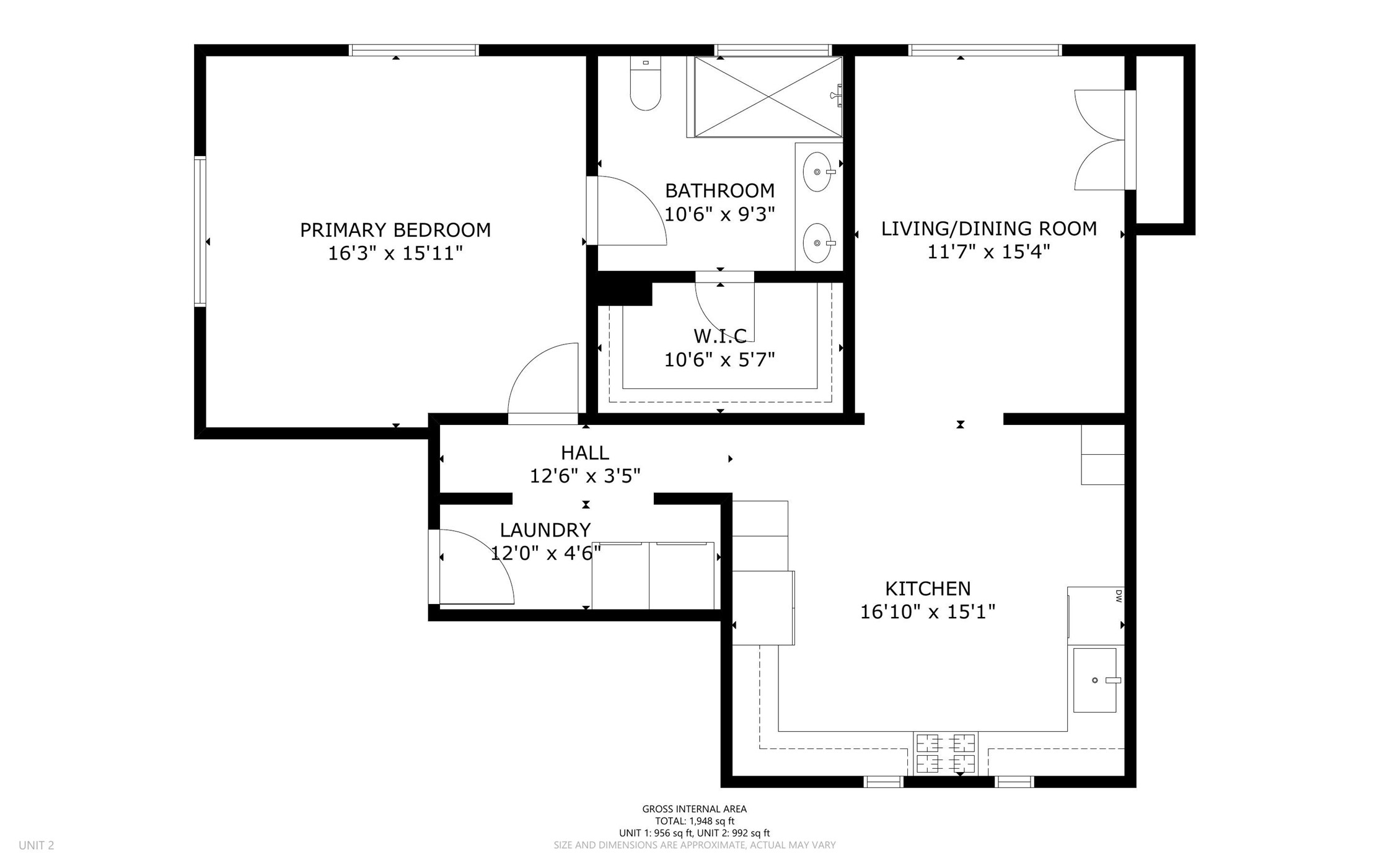 4734 Bell Street, Unit B Houston, TX 77023 - Photo 10 of 10 Unit 2 floor plan featuring a large primary bedroom, walk-in closet, full bath, laundry area, kitchen, and living/dining room layout.