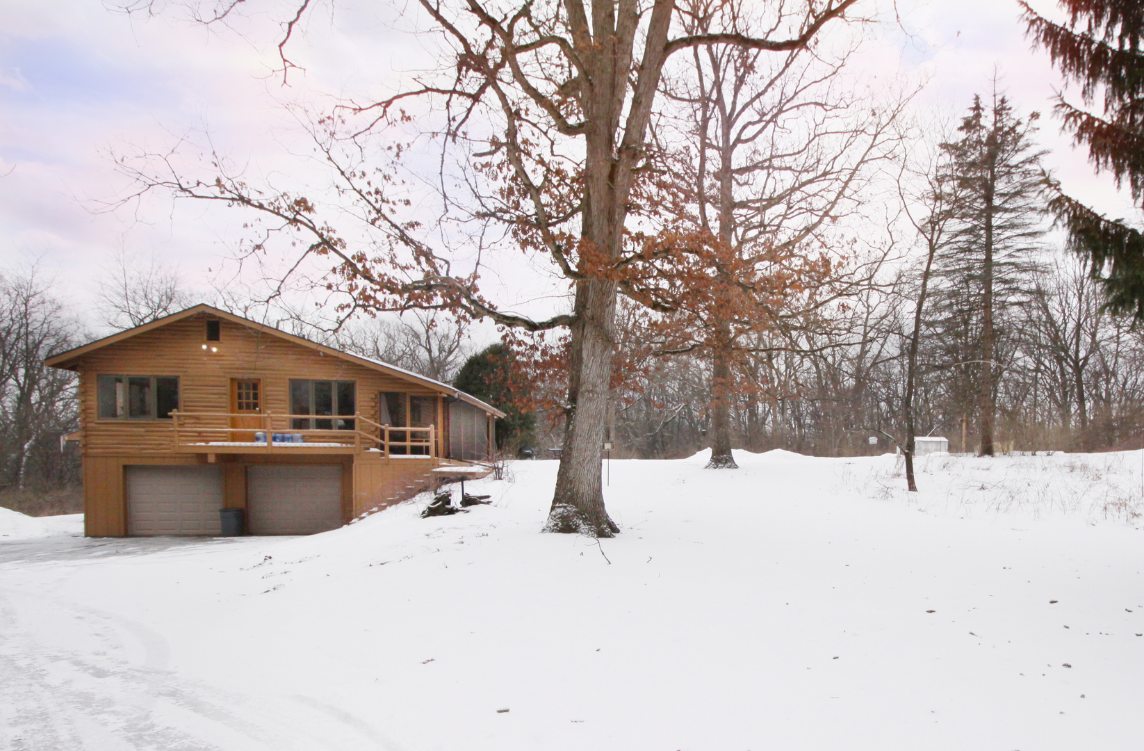 a front view of a house with a yard covered in snow