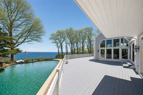 a view of a house with pool and lake view