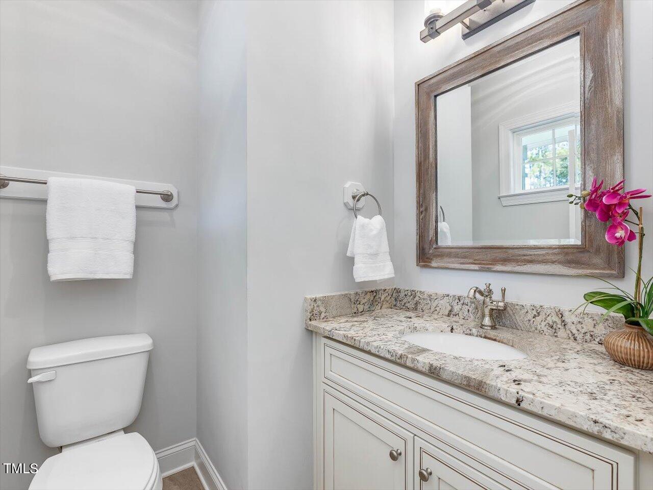 406 Gum Springs Church Road Moncure, NC 27559 - Photo 12 of 100 a bathroom with a granite countertop toilet sink and mirror