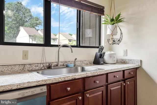 a bathroom with a granite countertop sink a potted plant and a window