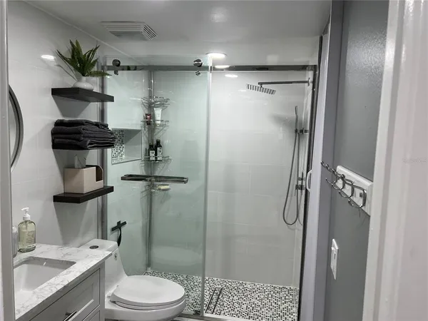 a view of a swimming pool with a garden