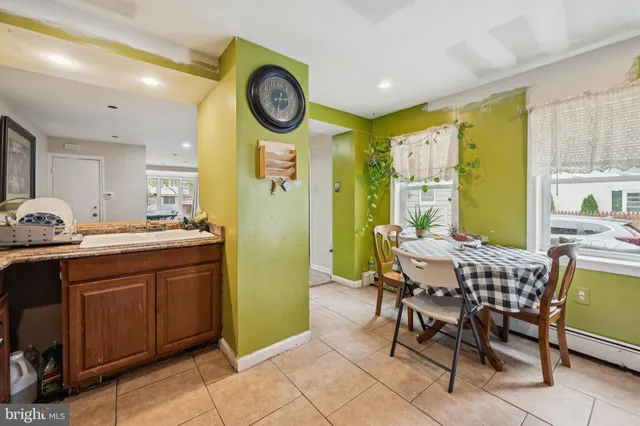 a view of a dining area with furniture and a large window