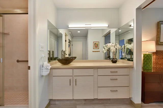 a bathroom with a sink and a mirror