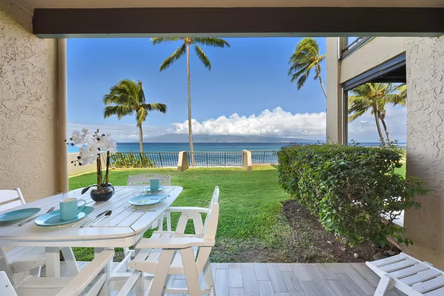 an outdoor space with furniture