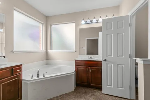 a bathroom with a tub sink and mirror