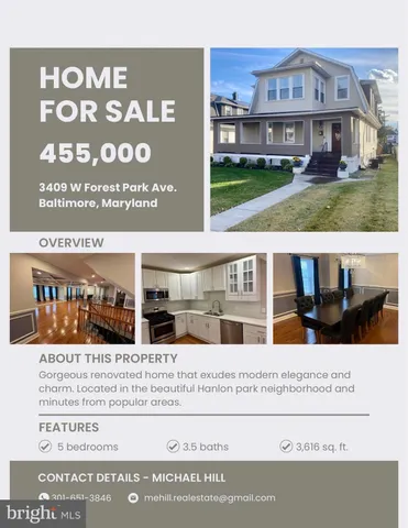 $455,000 | 3409 West Forest Park Avenue, Baltimore, MD 21216
