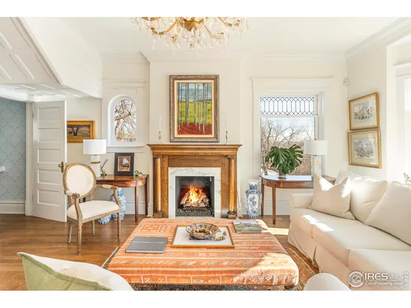 a living room with furniture a rug and a fireplace