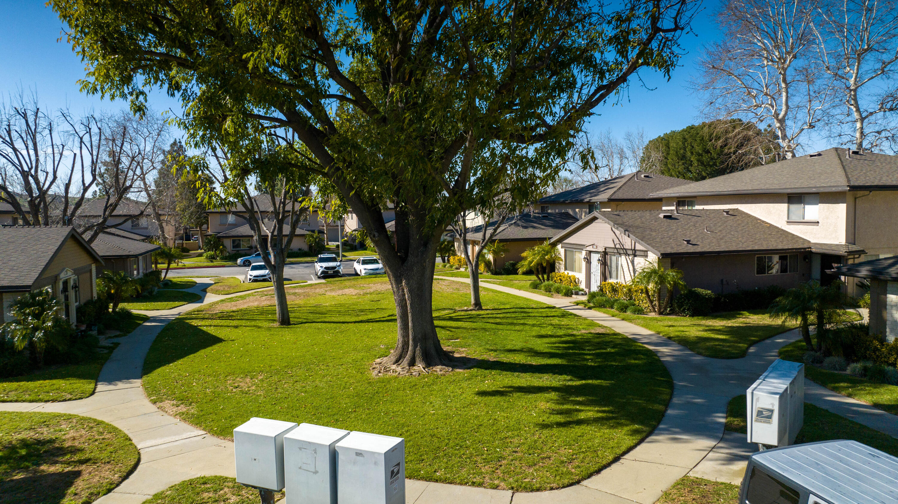 2055 Avenida Placida, Unit 1 Simi Valley, CA 93063 - Photo 37 of 39 a view of a backyard with table and chairs potted plants and large tree