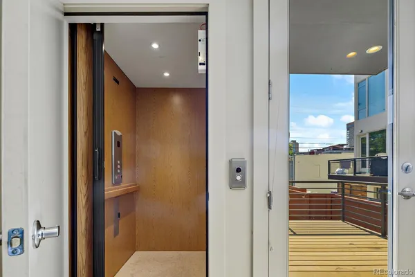 a view of a hallway with city view