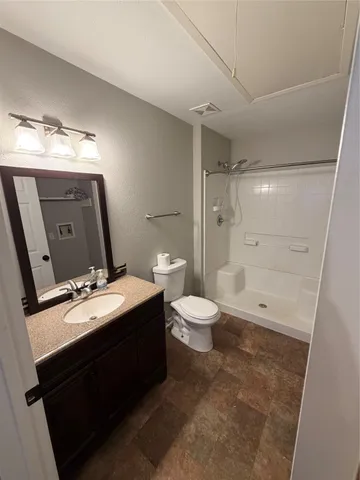 a bathroom with a double vanity sink toilet and shower