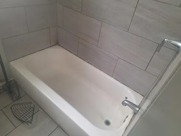 a bathroom with a bathtub
