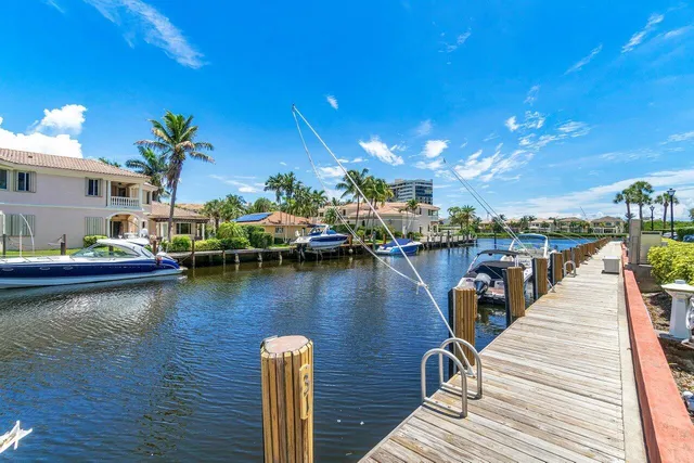 a view of a lake with boats and palm trees