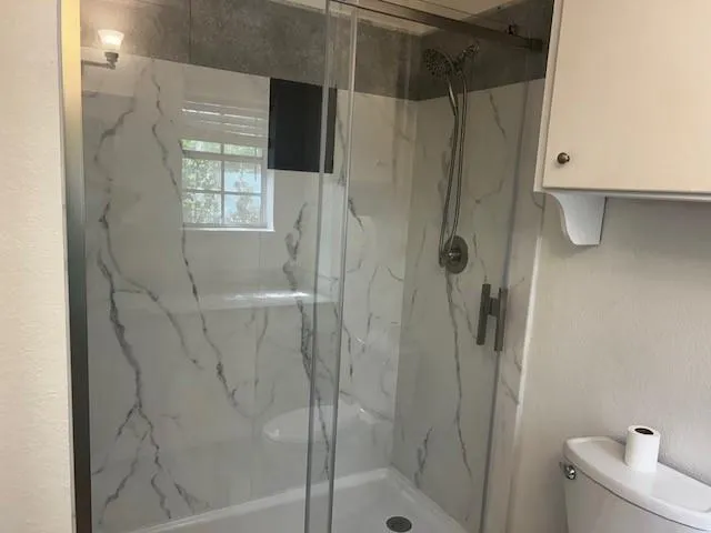 a bathroom with a shower and toilet
