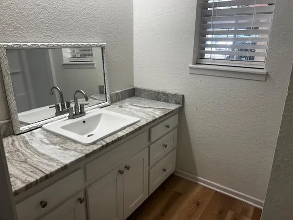 a bathroom with a sink and a mirror