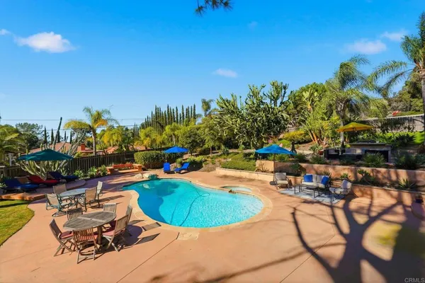 a view of a house with swimming pool and sitting area