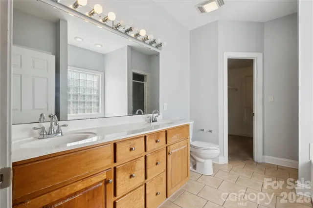 a bathroom with a double vanity sink toilet and mirror