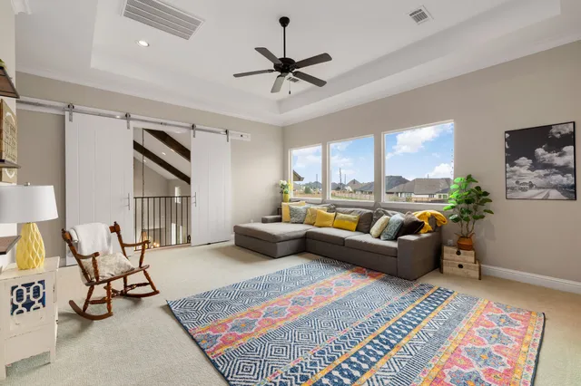 a living room with furniture and a rug