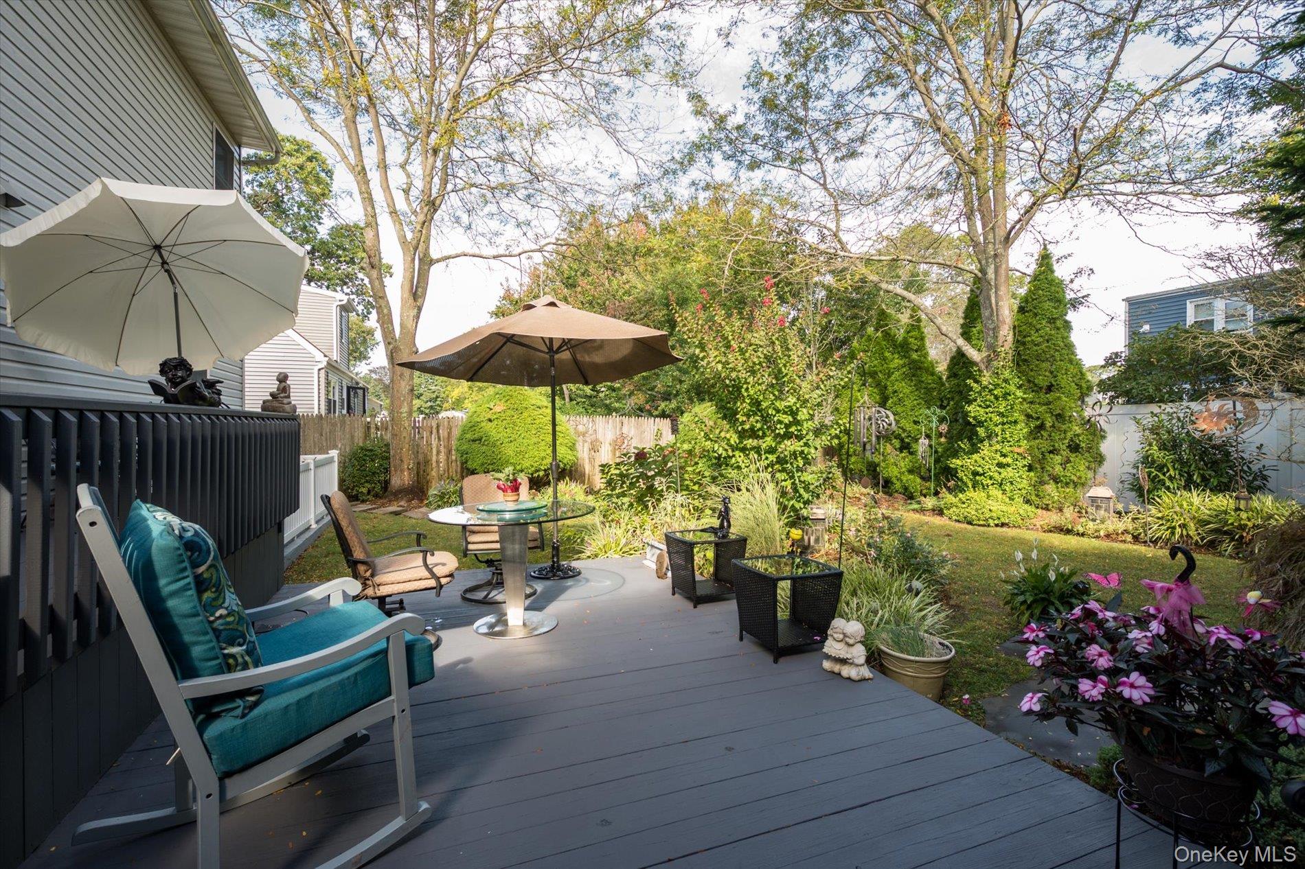 65 Harriet Road North Babylon, NY 11703 - Photo 26 of 31 Wooden terrace with a fenced backyard and outdoor dining space