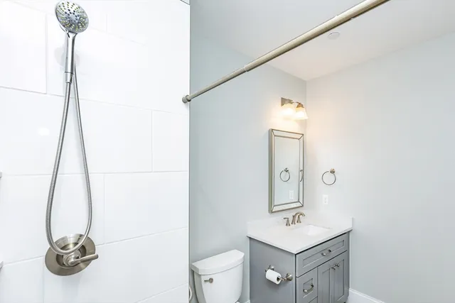 a bathroom with a sink a toilet and mirror