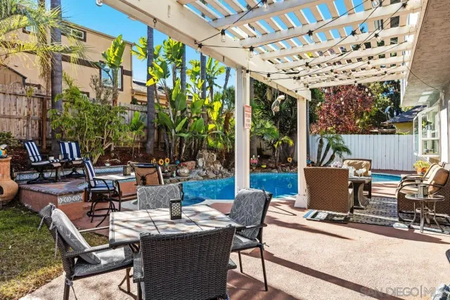 a view of a patio with a table and chairs